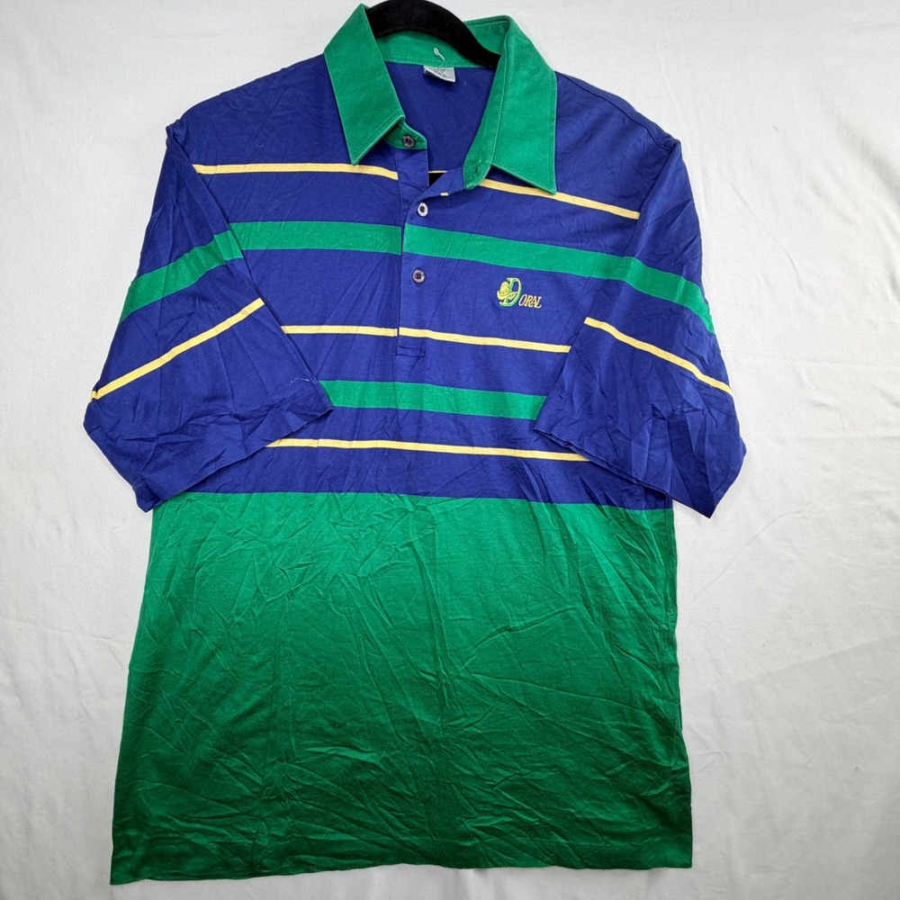 Doral Golf Resort Polo Shirt Large Blue Green Striped Vintage Cotton Lisle
